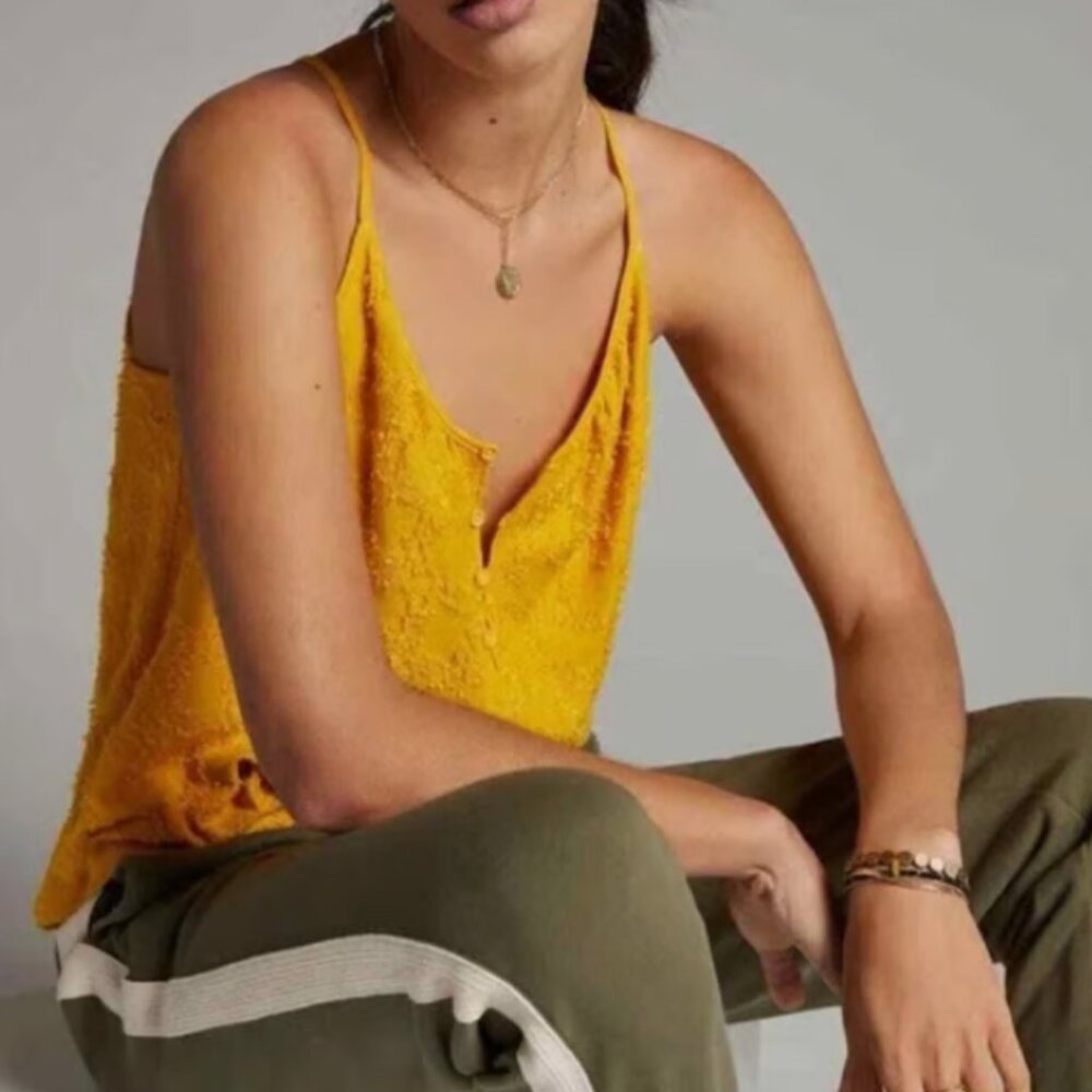 NEW Anthropologie Textured Button Front Racerback Cami Tank in Yellow - S